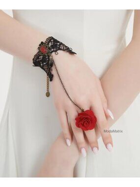 Gothic Lace Bracelet with Ring Red Rose Crystal Tassel Lolita Hand Chain